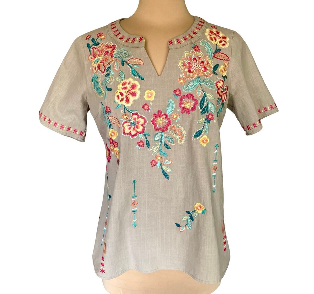 Savanna‎ Jane Tan Cotton Embroidered Boho Top SMALL Peasant Mexican Embroidery